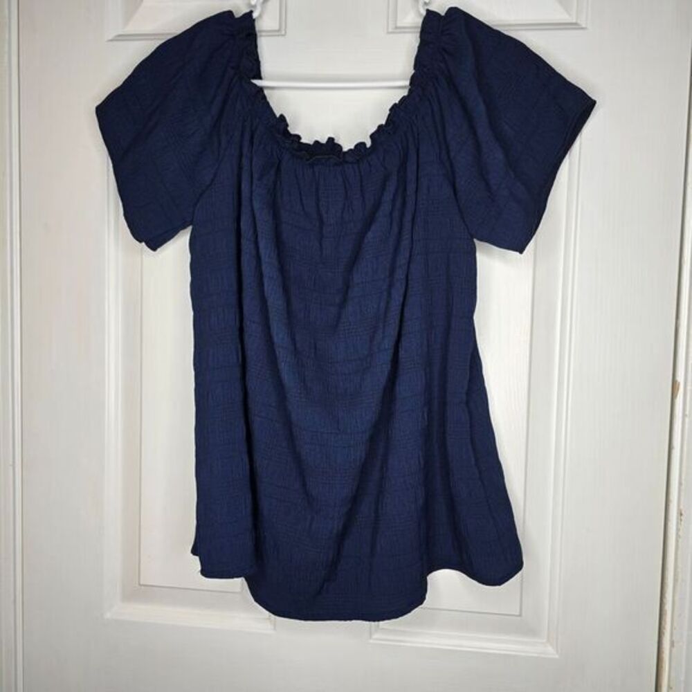 Navy Blue Textured Cotton Peasant Shirt with Ruffle Neckline and Balloon Sleeves